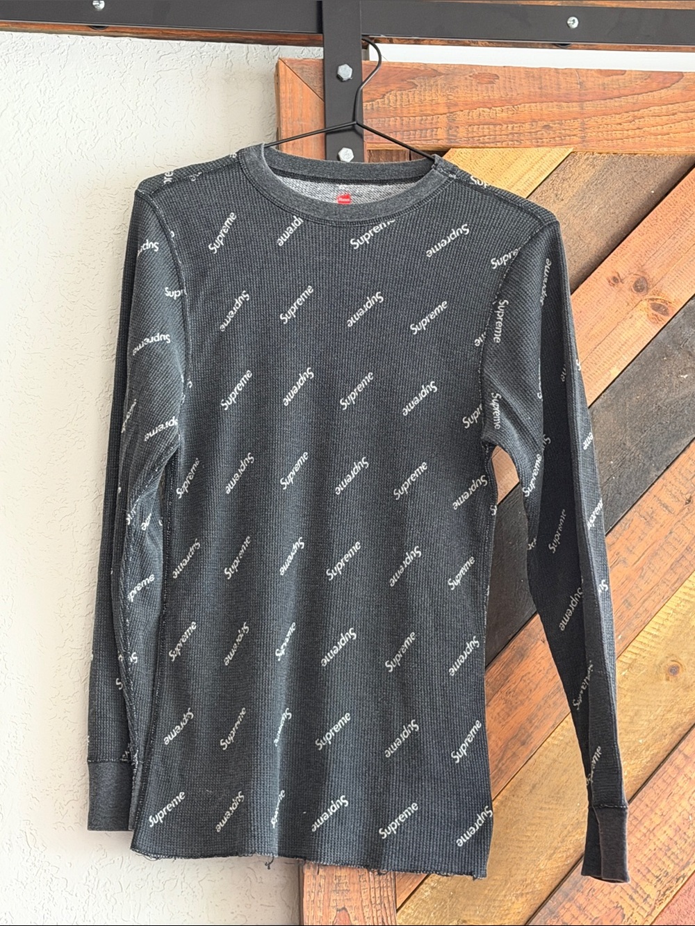 Supreme Black All Over Logo thermal long sleeve shirt mens M medium 38 -40